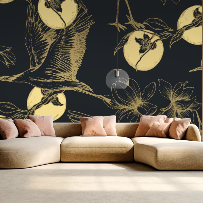 Fototapete goldene kraniche und mondmuster