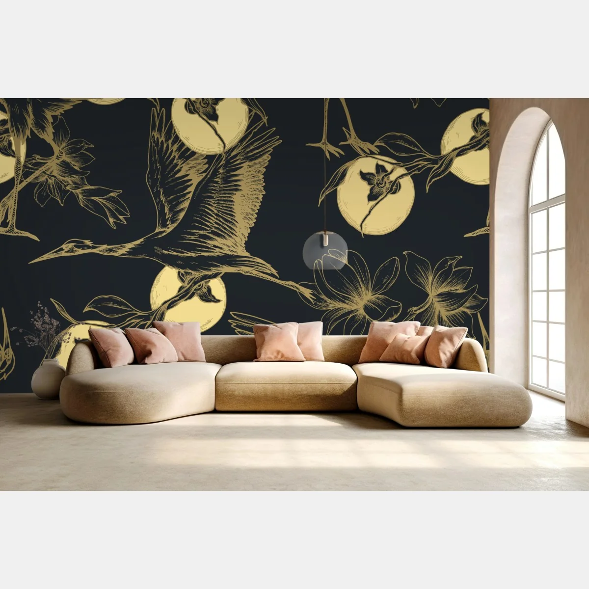 Fototapete goldene kraniche und mondmuster – Wallnifity® Fototapete goldene kraniche und mondmuster – Wallnifity®