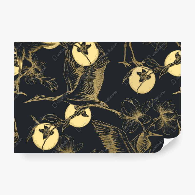 Fototapete goldene kraniche und mondmuster