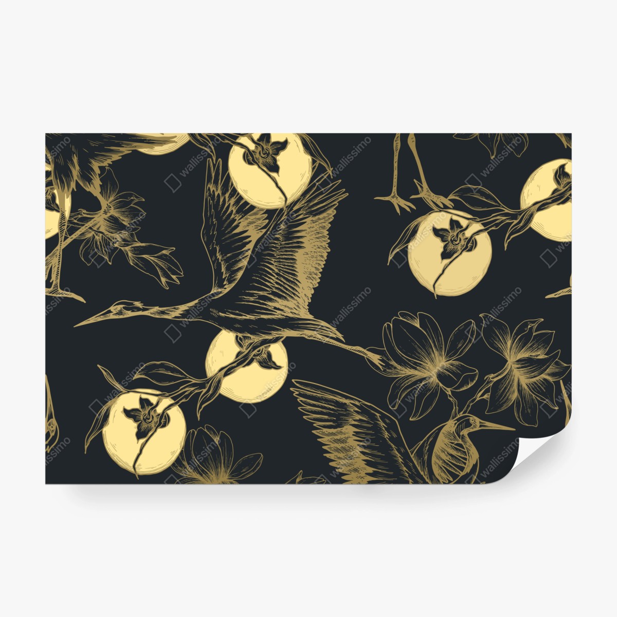 Fototapete goldene kraniche und mondmuster – Wallnifity® Fototapete goldene kraniche und mondmuster – Wallnifity®