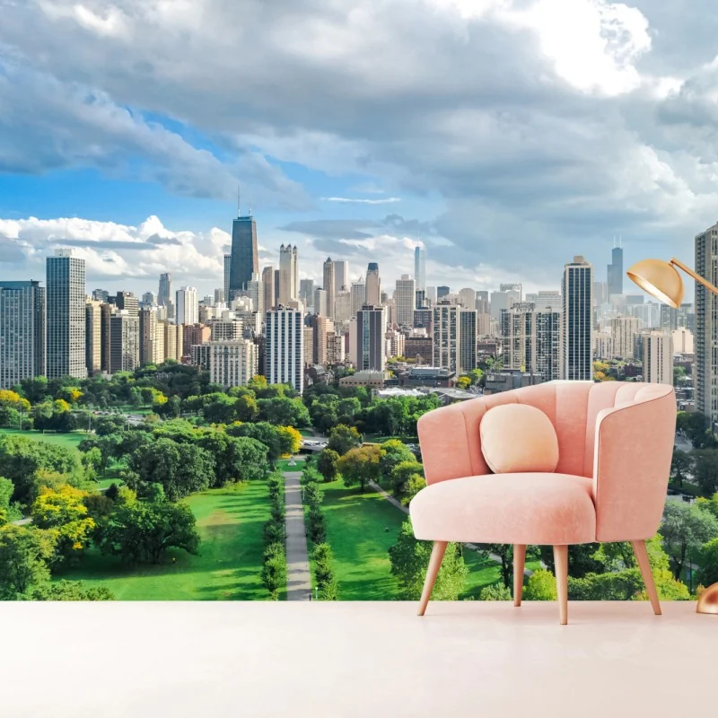 Fototapete stadtpanorama über grünem park