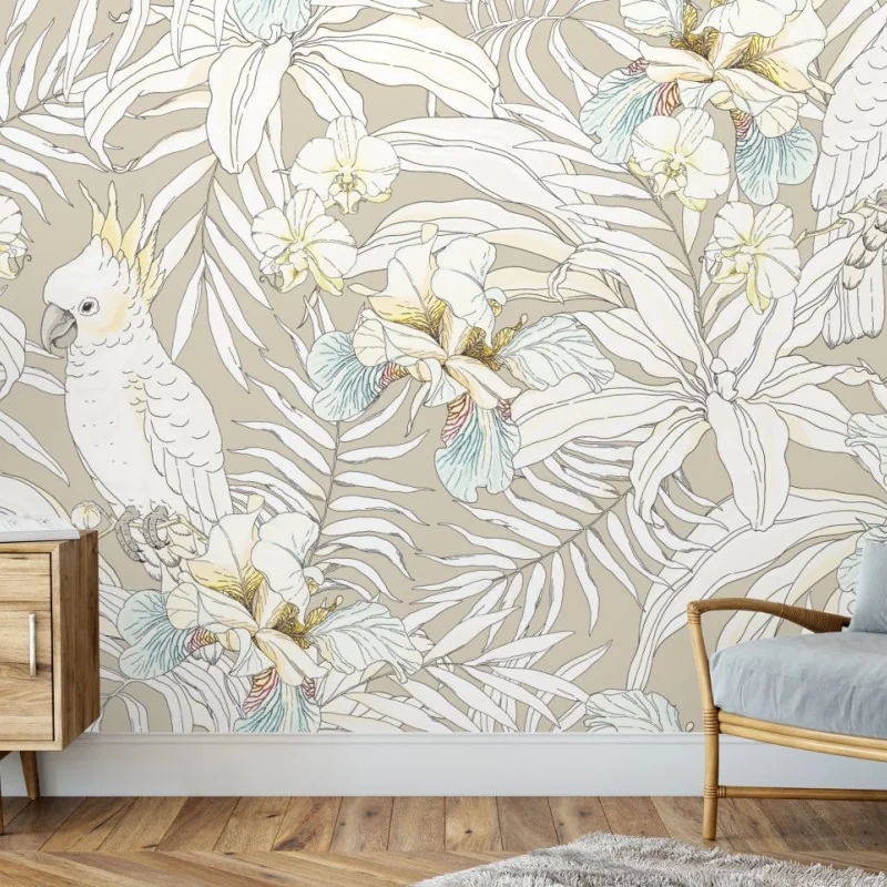 Fototapete tropisches kakadu-blumenmuster