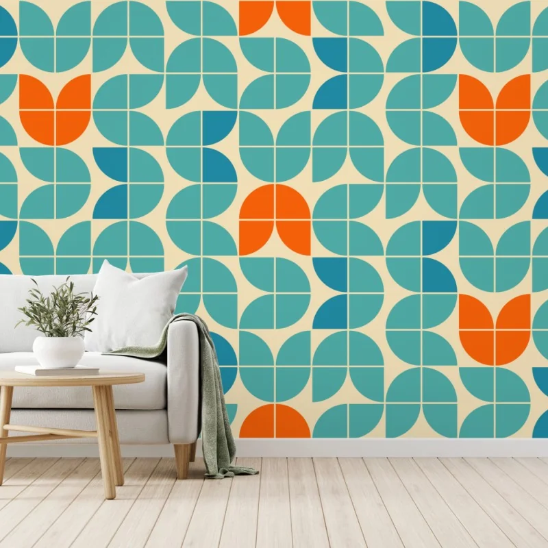 Fototapete retro geometrisches fliesenmuster in türkis und orange