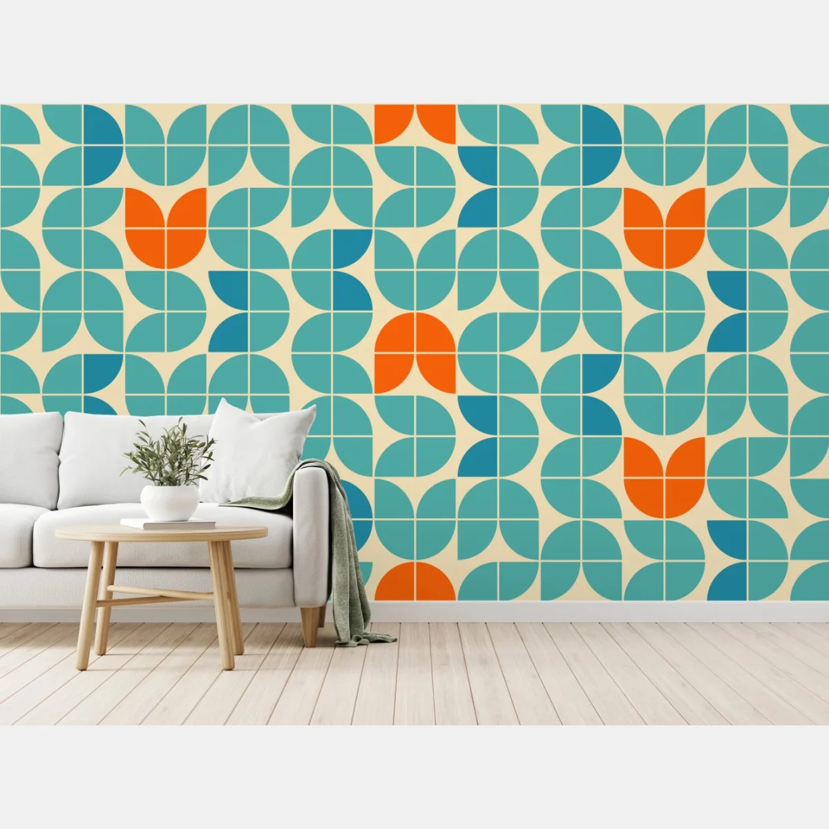 Fototapete retro geometrisches fliesenmuster in türkis und orange – Wallnifity®