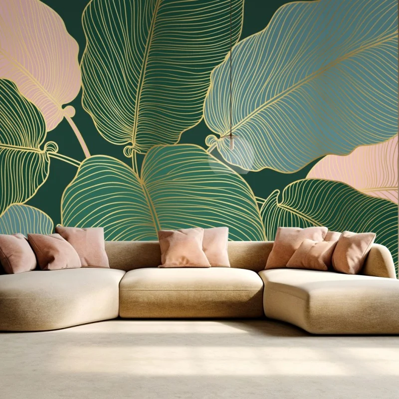 Fototapete tropische blätter mit goldkontur