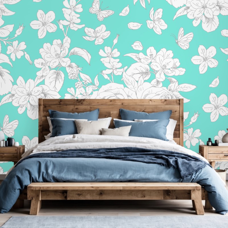 Fototapete türkis floral muster mit blumen
