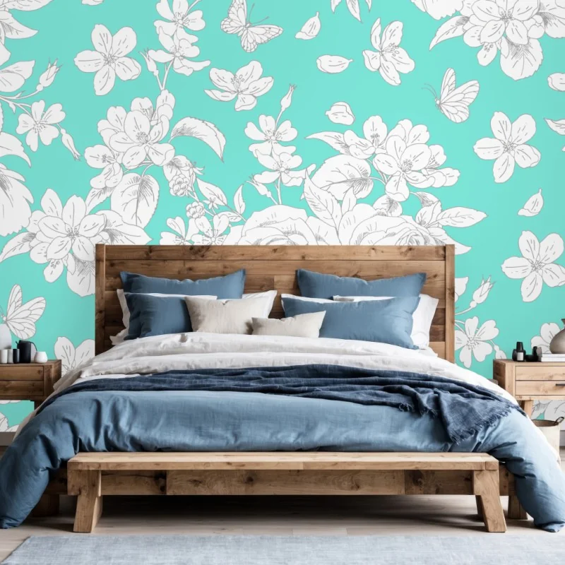 Fototapete türkis floral muster mit blumen – Wallnifity®