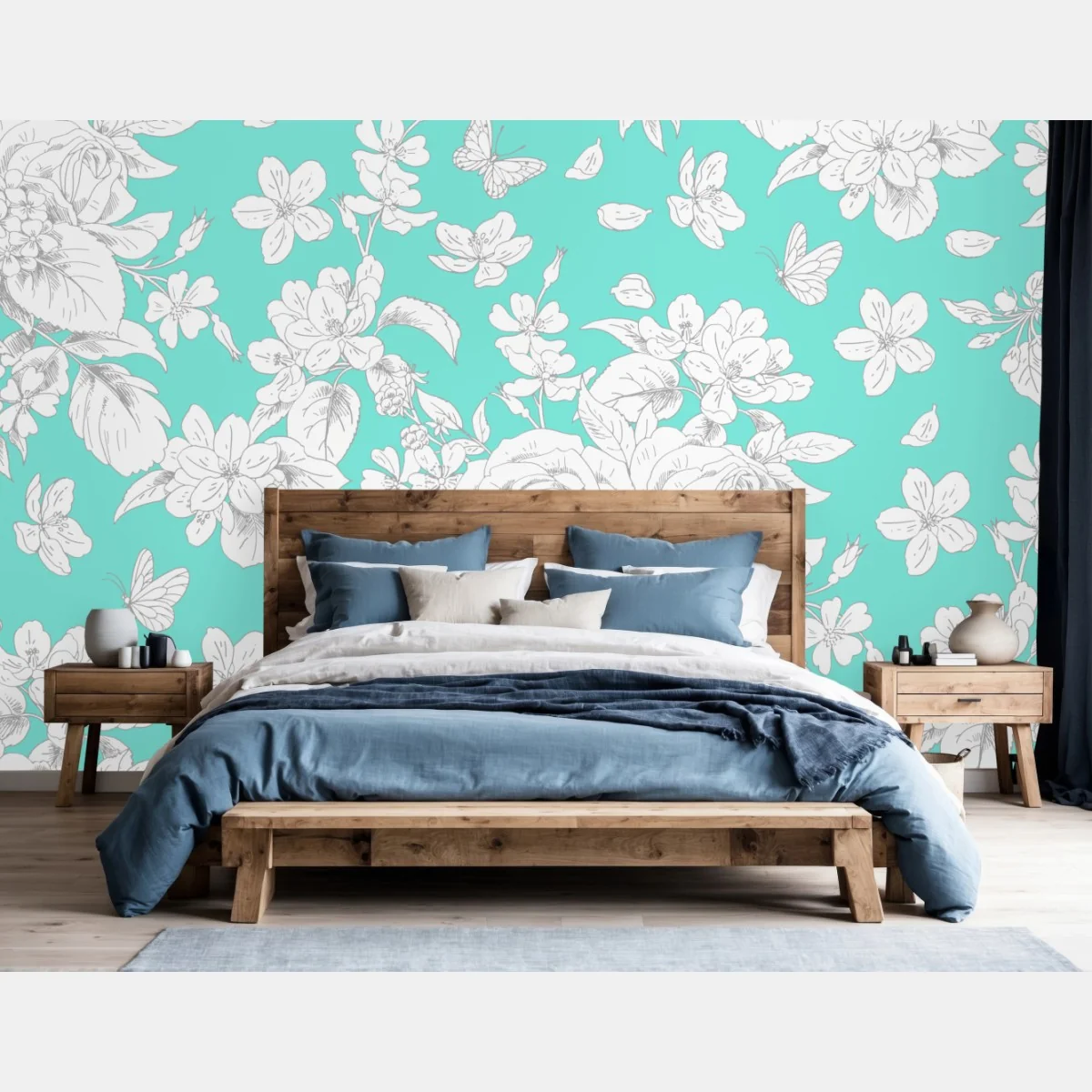 Fototapete türkis floral muster mit blumen – Wallnifity®