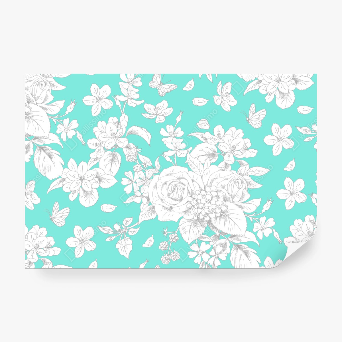 Fototapete türkis floral muster mit blumen – Wallnifity®