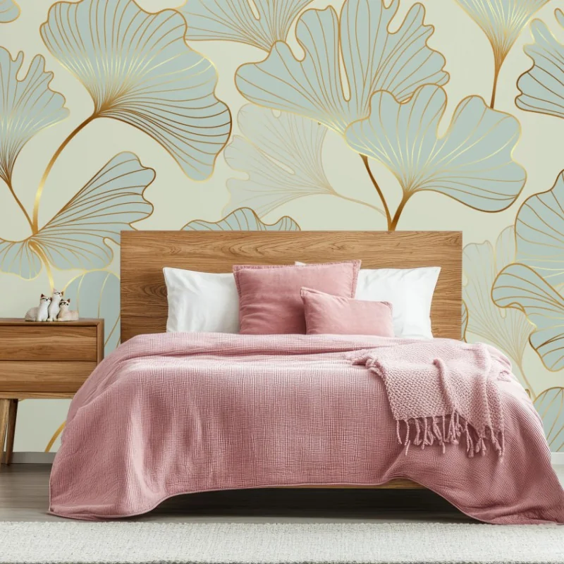 Fototapete pastell ginkgo blättermuster mit goldakzenten