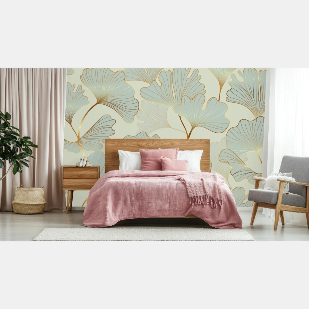 Fototapete pastell ginkgo blättermuster mit goldakzenten – Wallnifity®