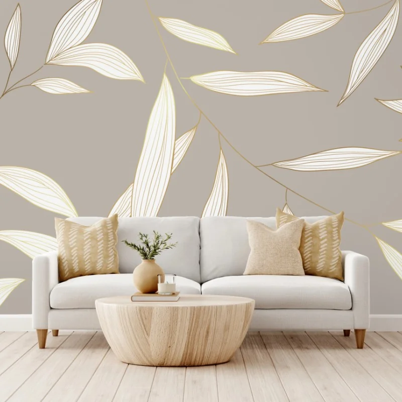 Fototapete zarte goldumrandete blätter auf beigem hintergrund