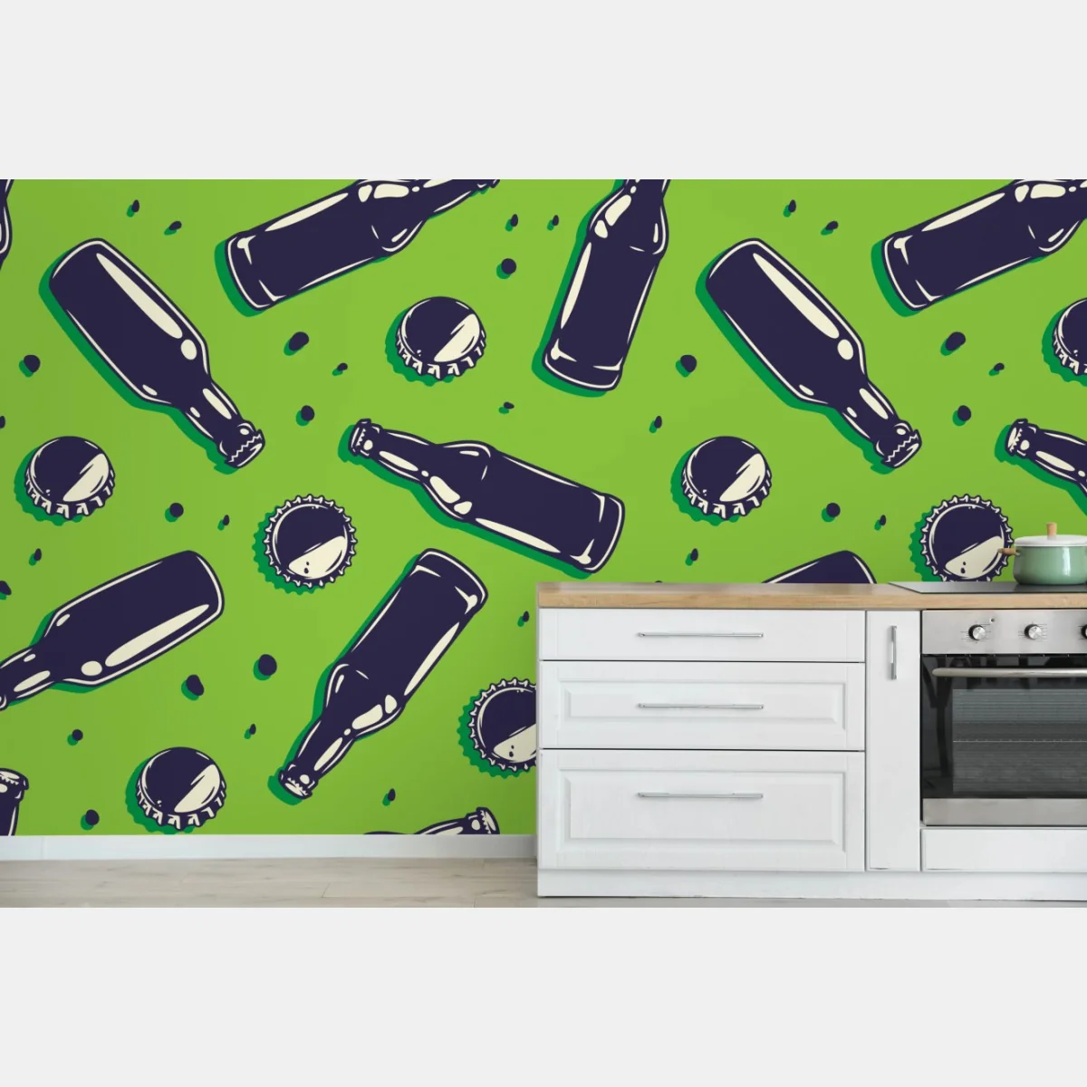 Fototapete grünes pop-art-muster mit bierflaschen und kronkorken – Wallnifity® Fototapete grünes pop-art-muster mit bierflaschen und kronkorken – Wallnifity®
