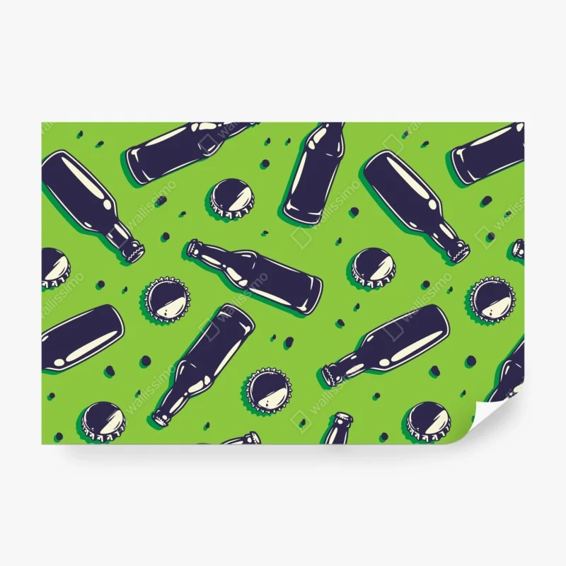 Fototapete grünes pop-art-muster mit bierflaschen und kronkorken