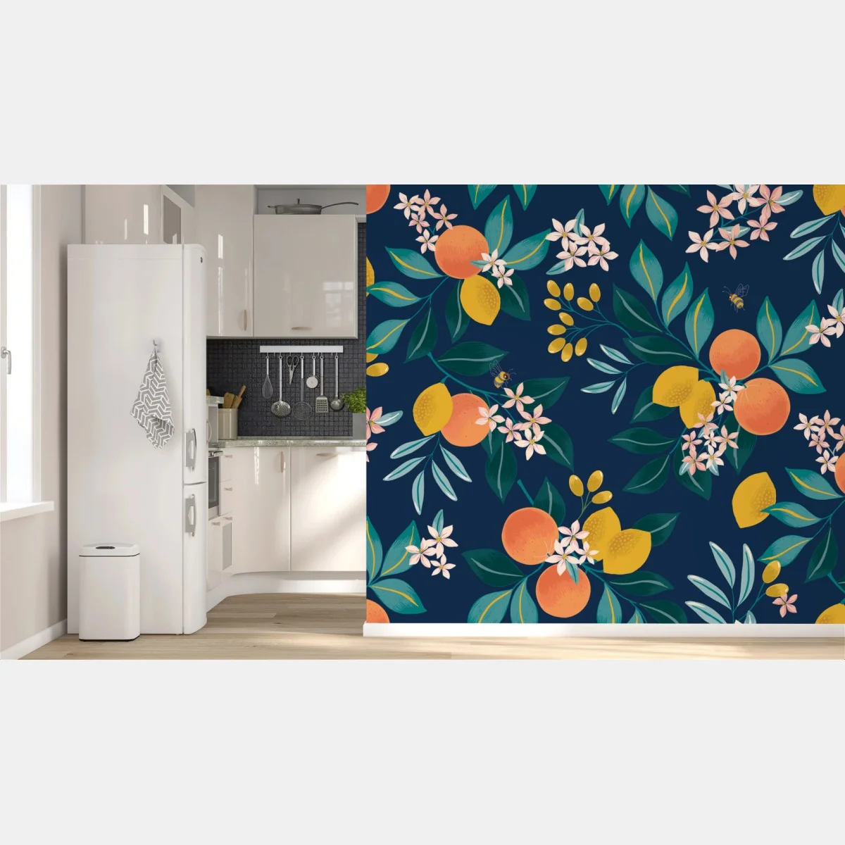 Fototapete botanisches zitronen- und orangenmuster auf marineblauem hintergrund – Wallnifity® Fototapete botanisches zitronen- und orangenmuster auf marineblauem hintergrund – Wallnifity®