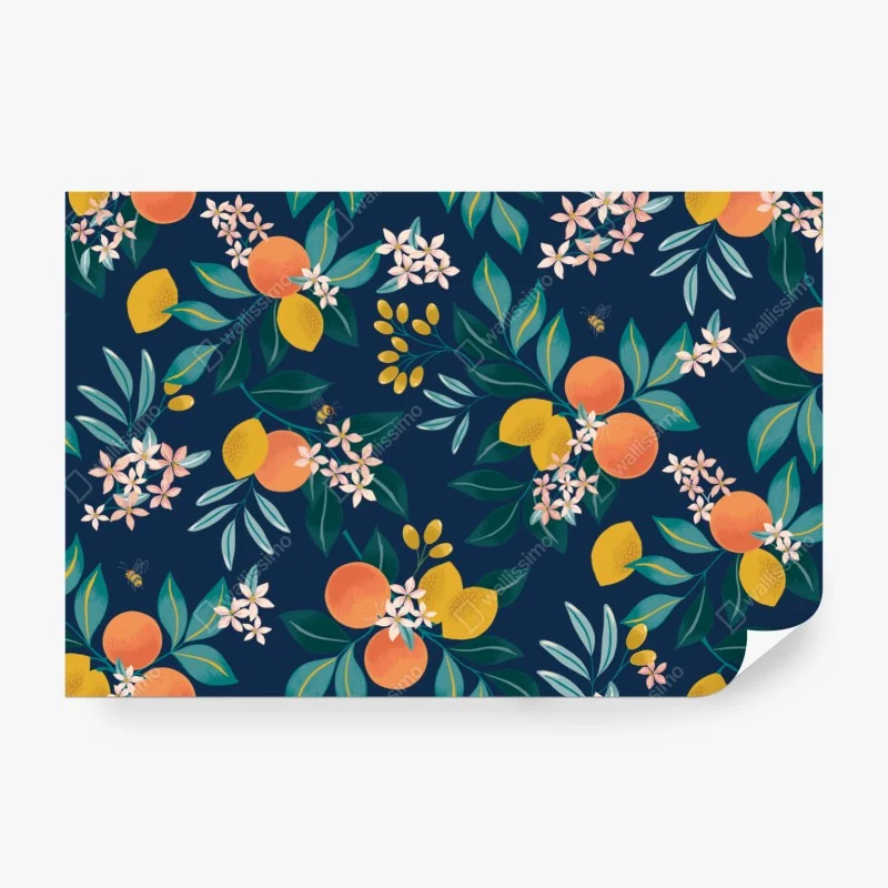 Fototapete botanisches zitronen- und orangenmuster auf marineblauem hintergrund