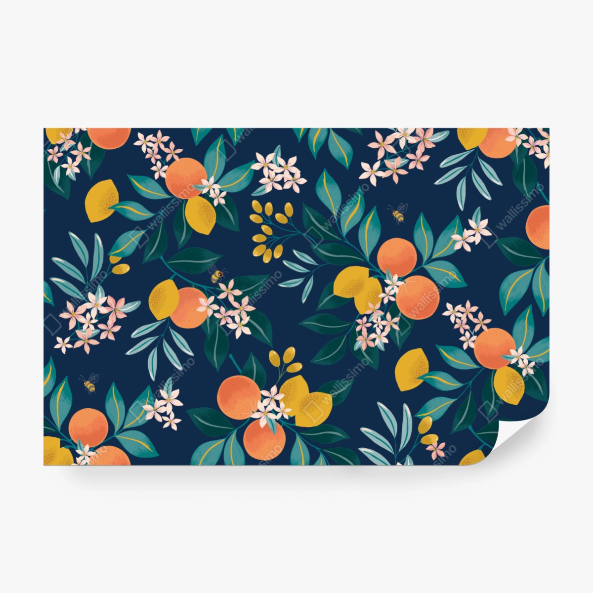 Fototapete botanisches zitronen- und orangenmuster auf marineblauem hintergrund – Wallnifity® Fototapete botanisches zitronen- und orangenmuster auf marineblauem hintergrund – Wallnifity®