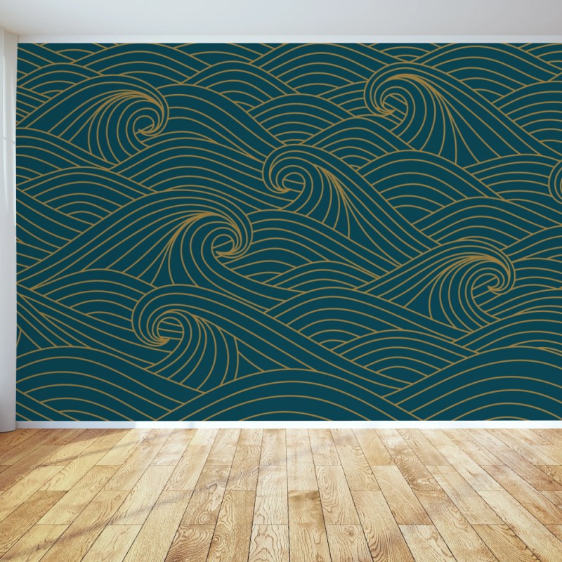 Fototapete türkiswellenmuster mit goldlinien
