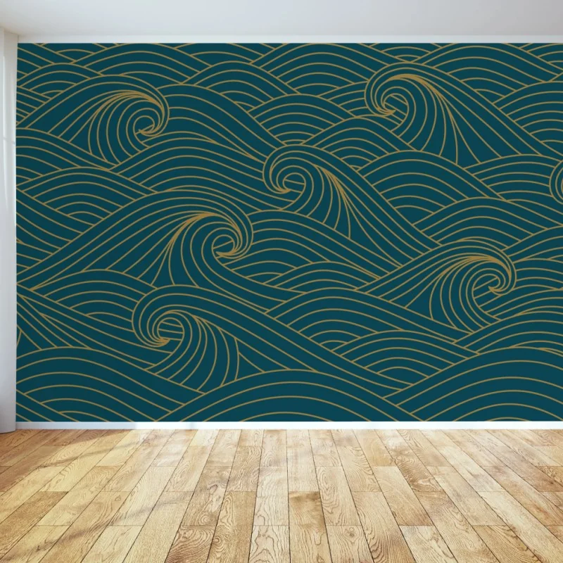 Fototapete türkiswellenmuster mit goldlinien
