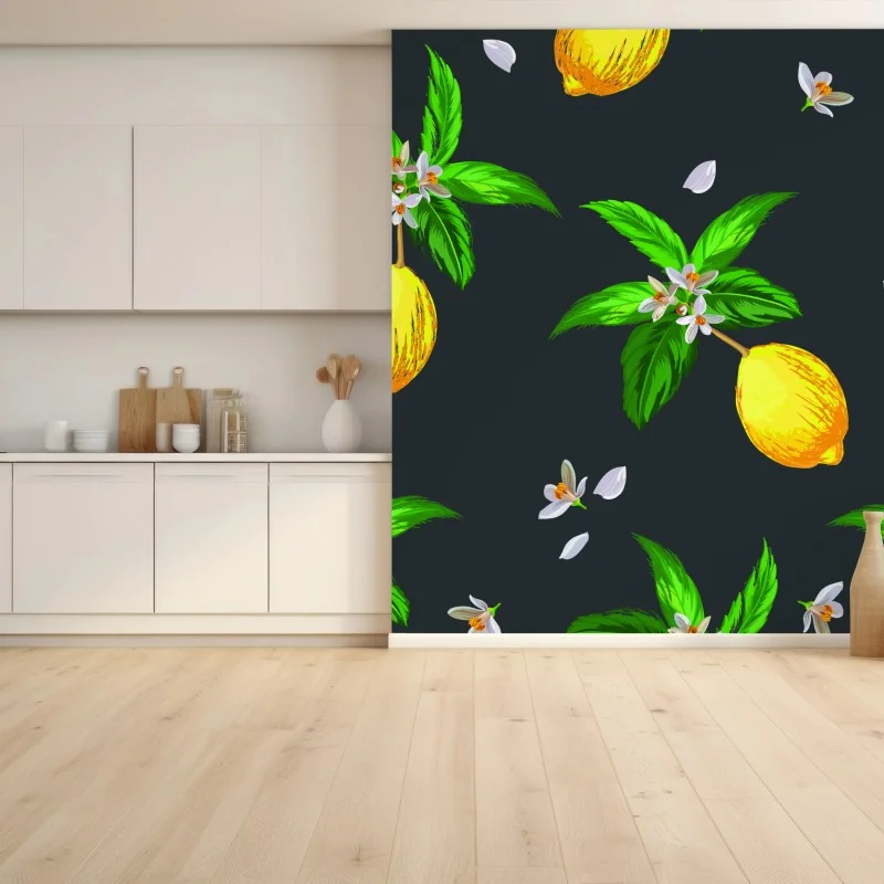 Fototapete leuchtendes zitronenmuster mit grünen blättern