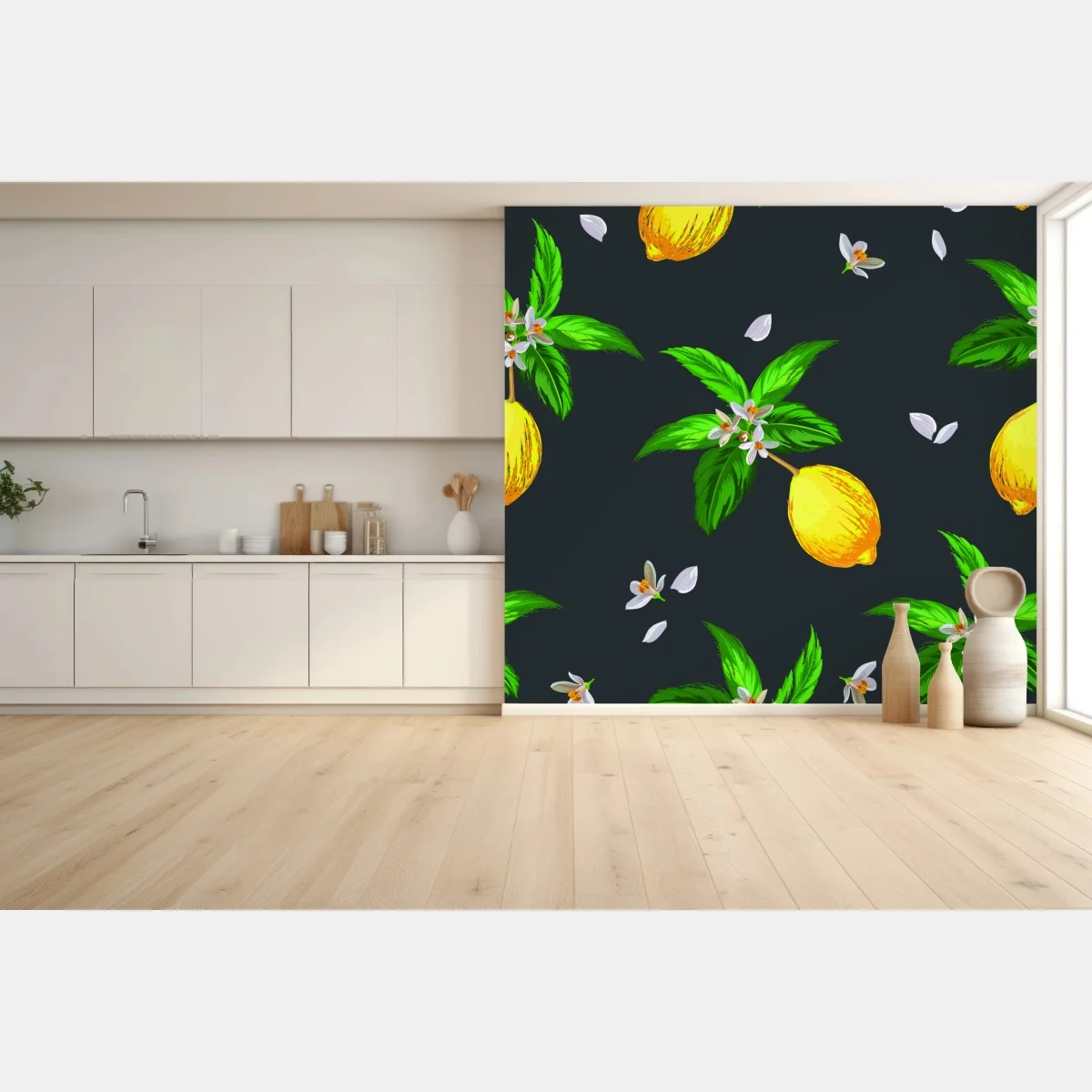 Fototapete leuchtendes zitronenmuster mit grünen blättern – Wallnifity®