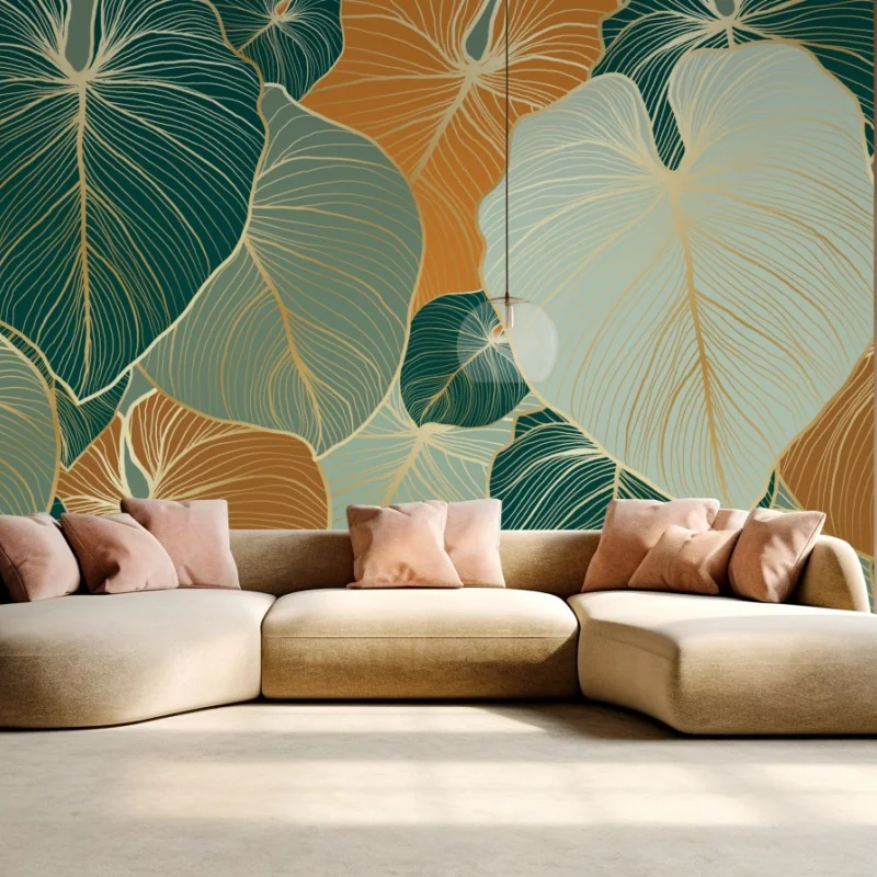 Fototapete türkis-goldenes botanisches blättermuster