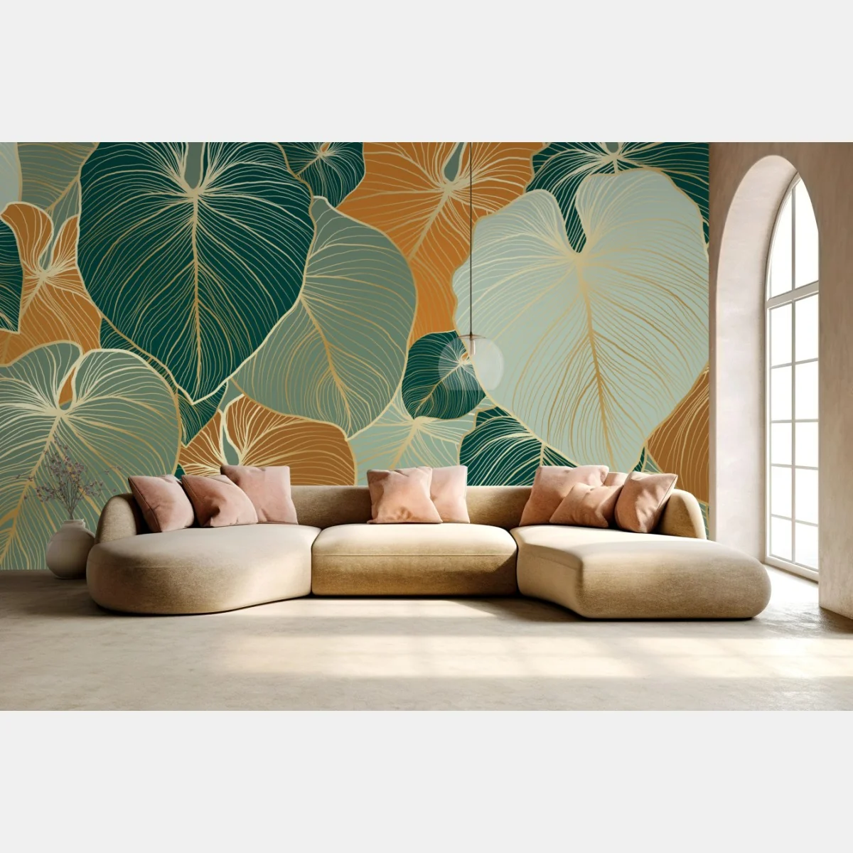 Fototapete türkis-goldenes botanisches blättermuster – Wallnifity® Fototapete türkis-goldenes botanisches blättermuster – Wallnifity®