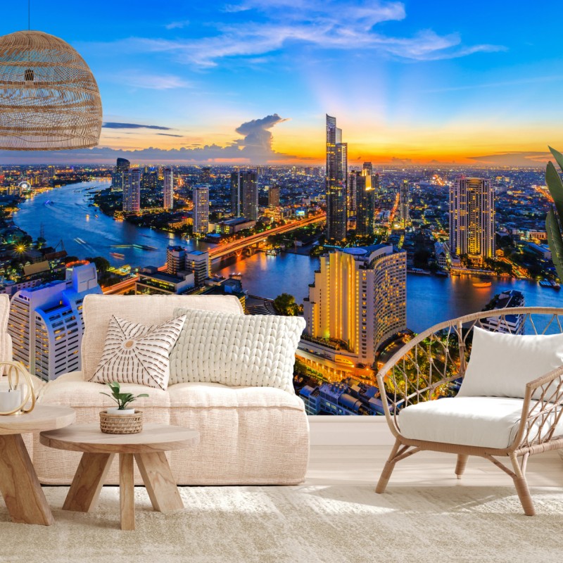 Fototapete lebendige stadtskyline bei dämmerung