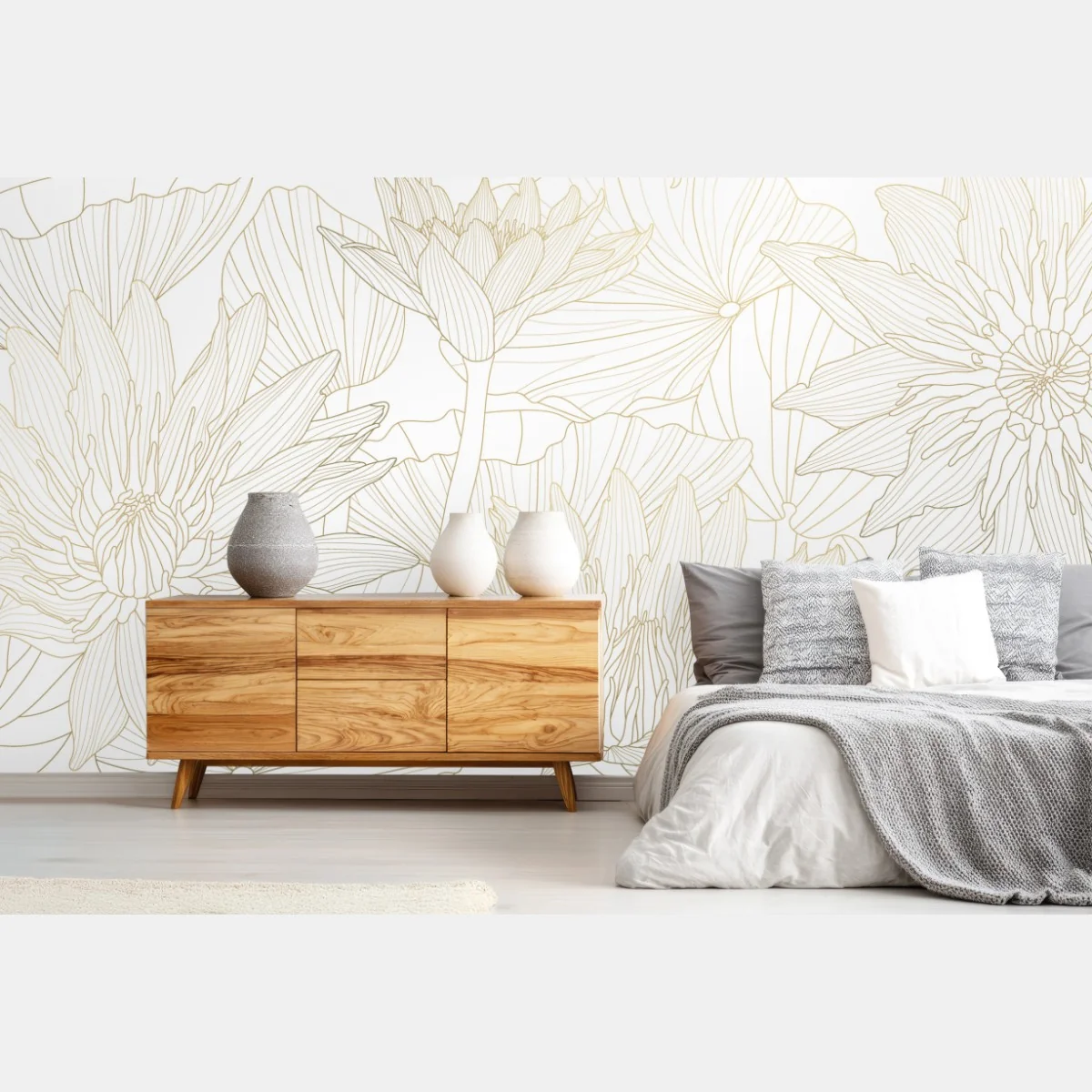 Fototapete zarte goldene blütenlinien – Wallnifity®