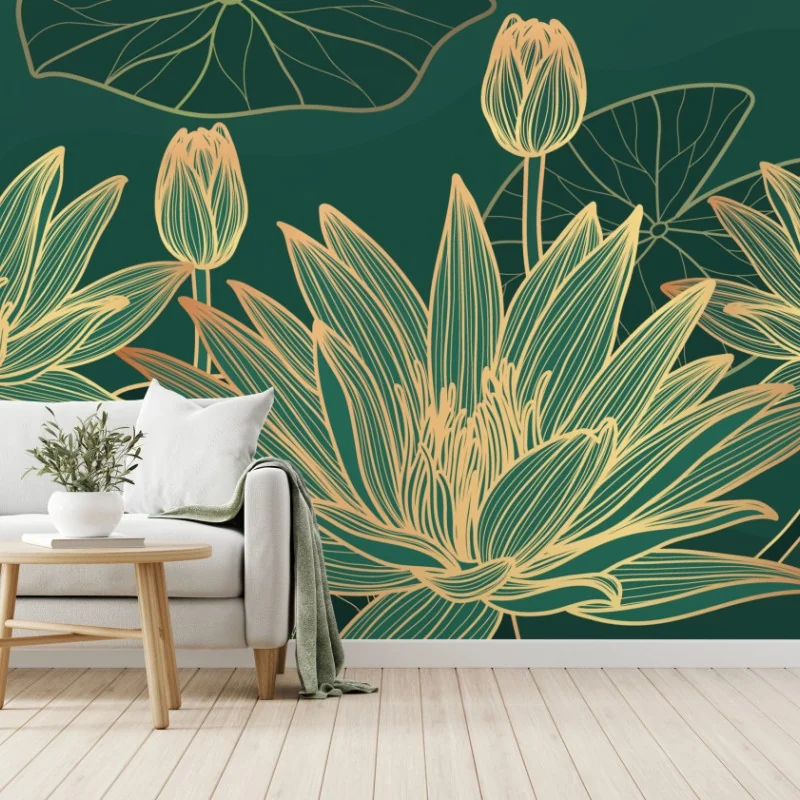 Fototapete goldene lotosblüten auf grünem hintergrund