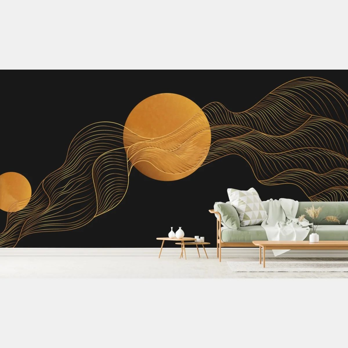 Fototapete goldene wellen auf schwarzem grund — abstrakte komposition – Wallnifity®