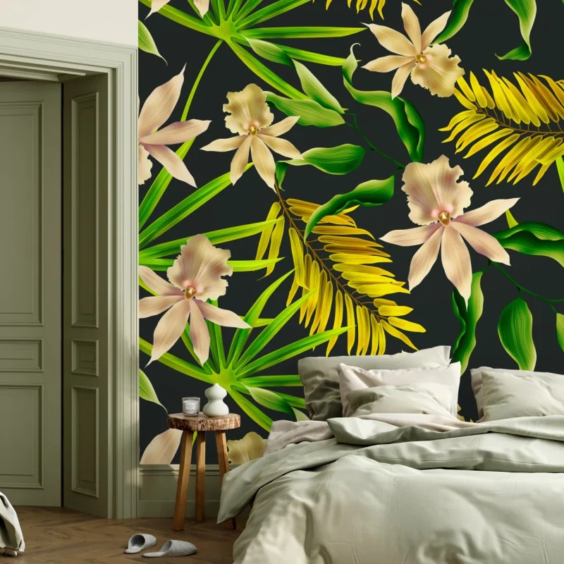 Fototapete tropisches orchideenmuster auf dunklem hintergrund – Wallnifity®