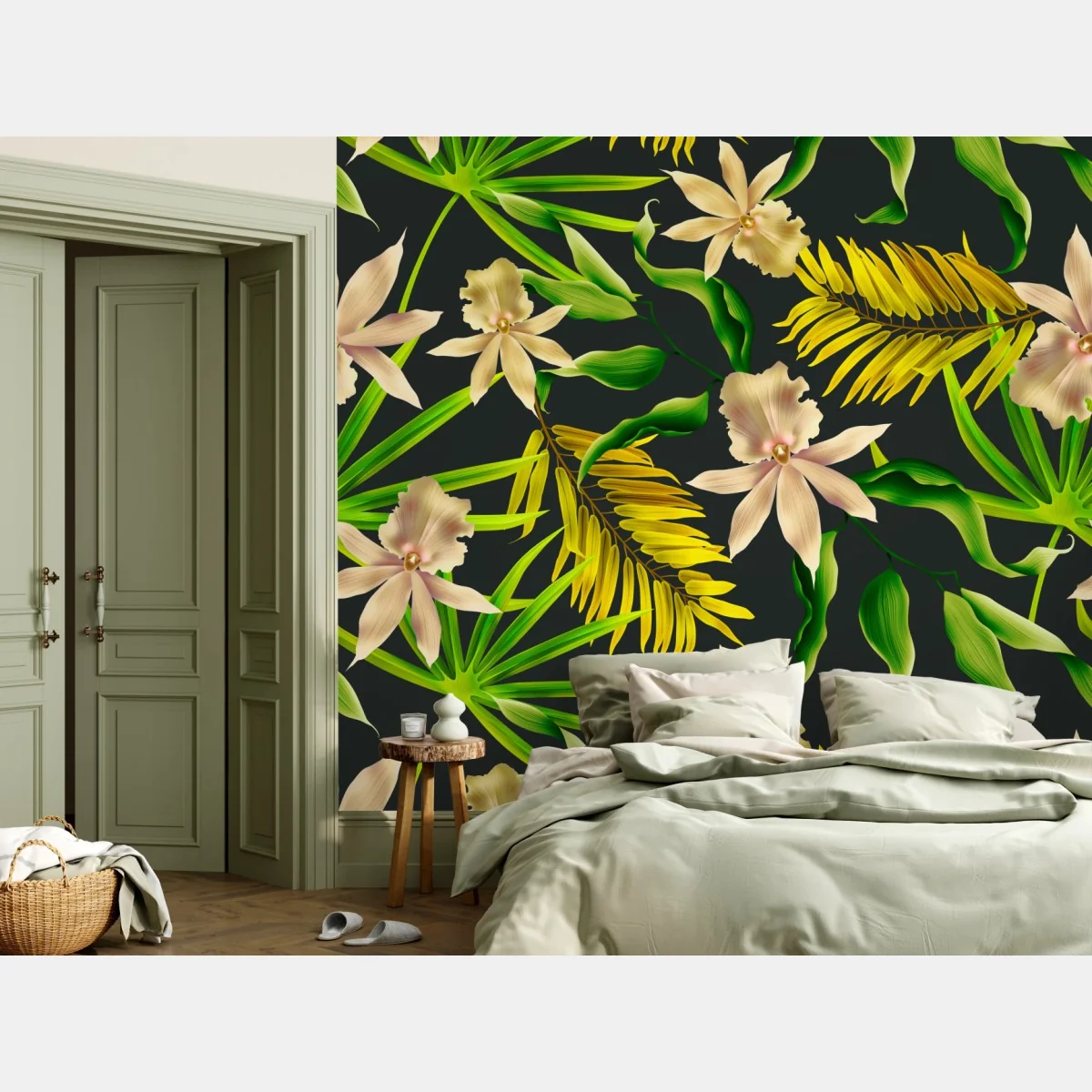 Fototapete tropisches orchideenmuster auf dunklem hintergrund – Wallnifity®