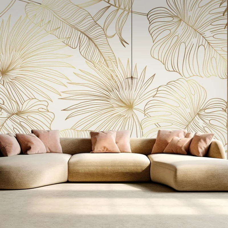 Fototapete goldene tropische blätter auf beigem hintergrund