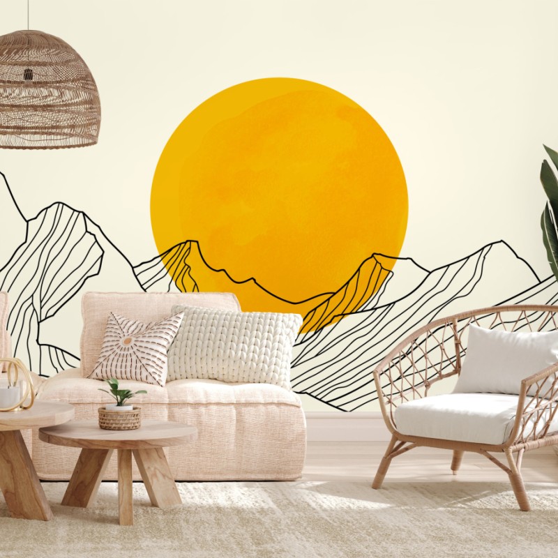 Fototapete goldene sonne über minimalistischen bergen