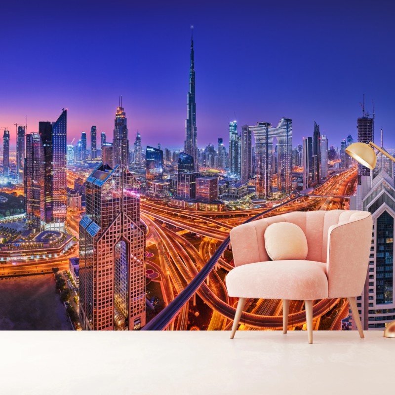 Fototapete Dubai panorama bei dämmerung