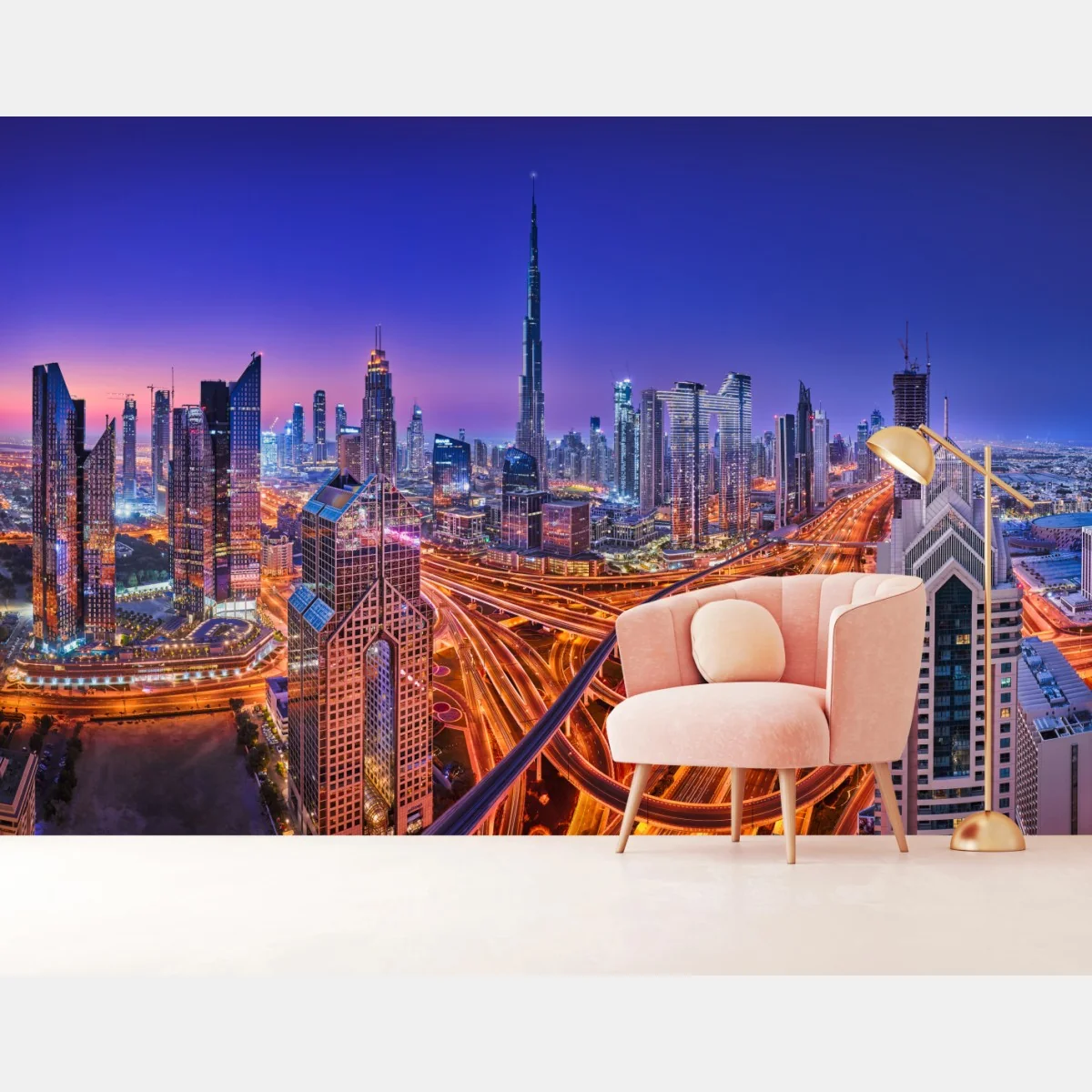 Fototapete Dubai panorama bei dämmerung – Wallnifity® Fototapete Dubai panorama bei dämmerung – Wallnifity®