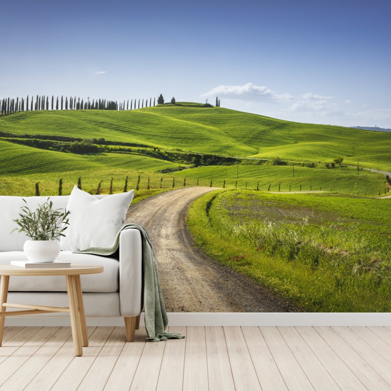 Fototapete ländliche straße in der Toskana durch grüne hügel