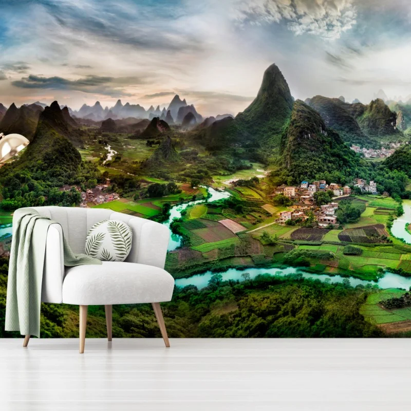 Fototapete smaragdfluss zwischen karsthügeln panorama