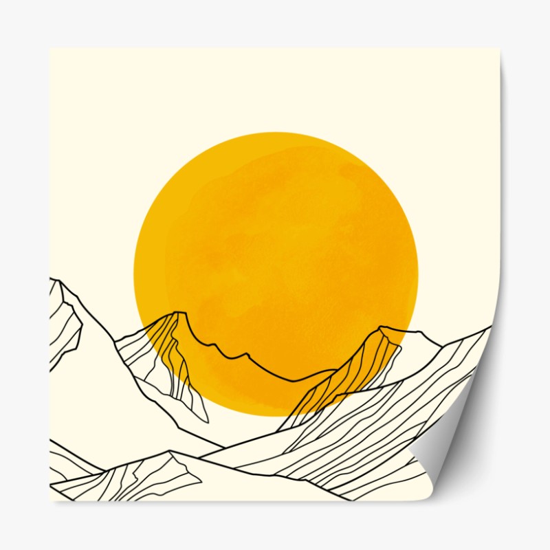 Repositionierbarer Aufkleber goldene sonne über minimalistischen bergen