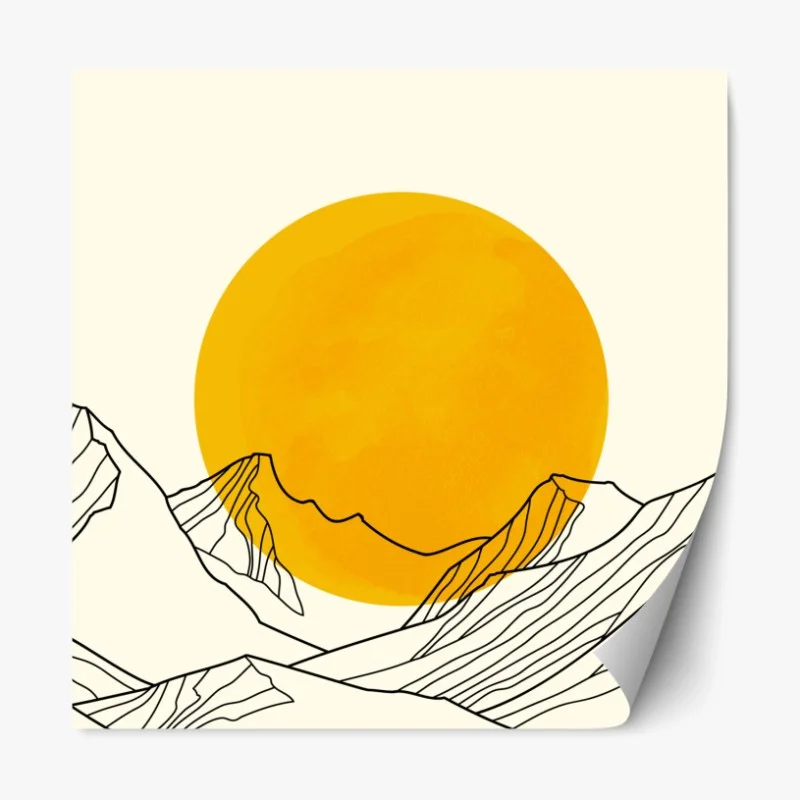 Repositionierbarer Aufkleber goldene sonne über minimalistischen bergen