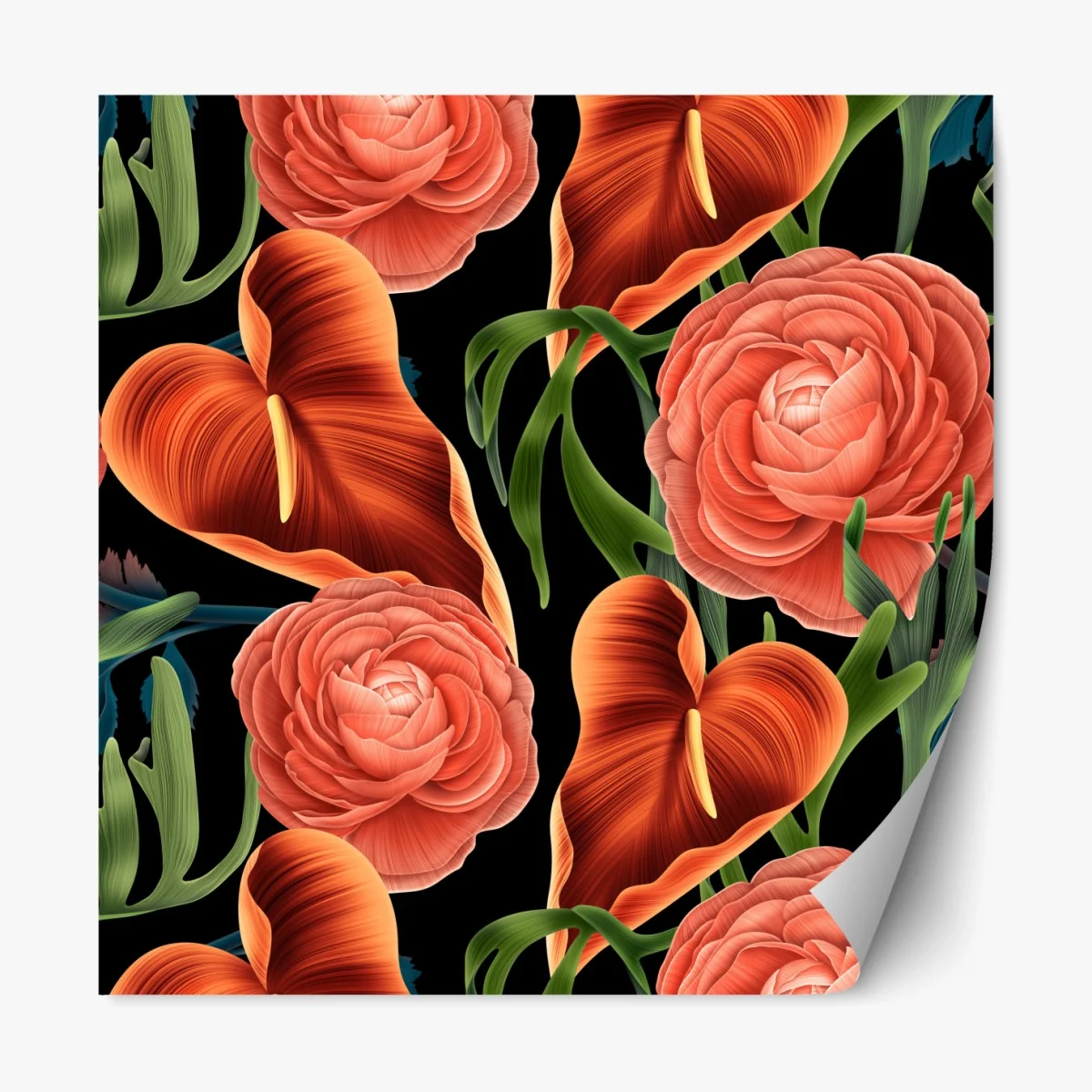 Repositionierbarer Aufkleber lebhaftes korallenblumenmuster auf schwarzem hintergrund – Wallnifity® Repositionierbarer Aufkleber lebhaftes korallenblumenmuster auf schwarzem hintergrund – Wallnifity®