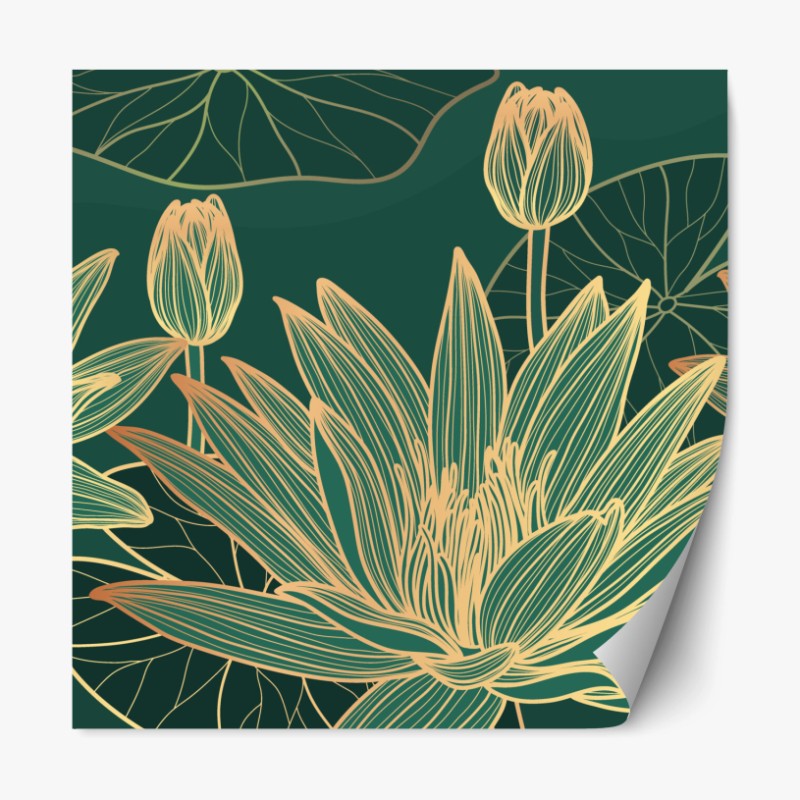 Repositionierbarer Aufkleber goldene lotosblüten auf grünem hintergrund
