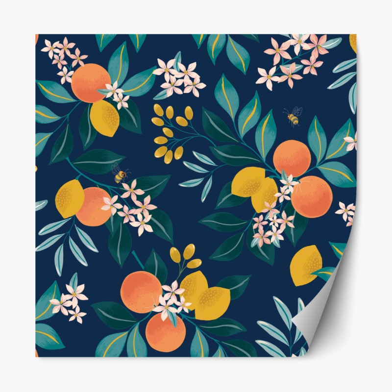 Repositionierbarer Aufkleber botanisches zitronen- und orangenmuster auf marineblauem hintergrund