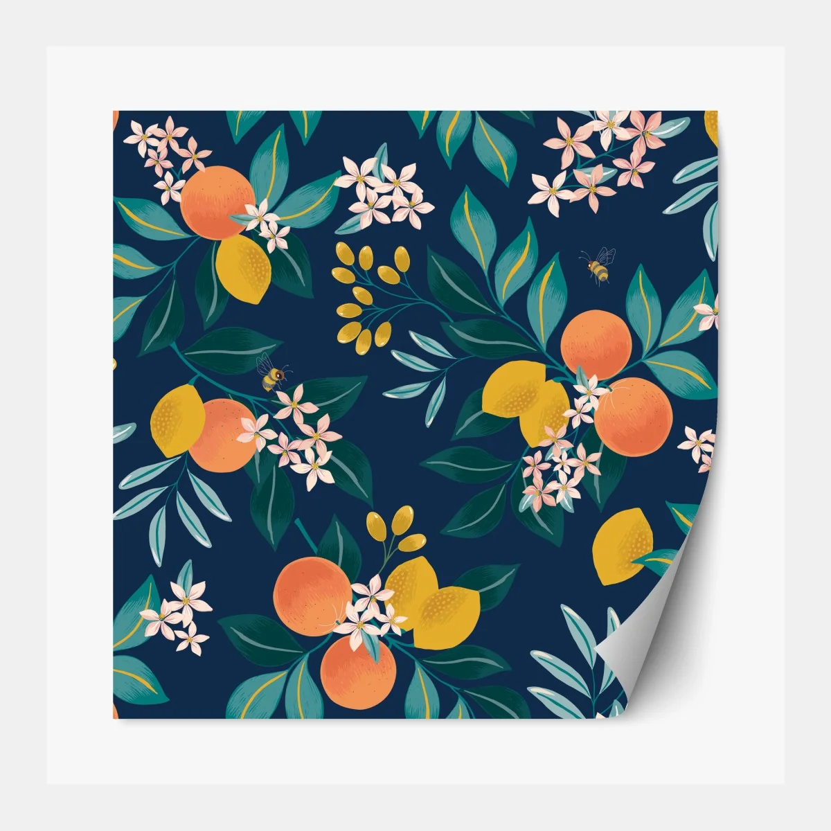 Repositionierbarer Aufkleber botanisches zitronen- und orangenmuster auf marineblauem hintergrund – Wallnifity® Repositionierbarer Aufkleber botanisches zitronen- und orangenmuster auf marineblauem hintergrund – Wallnifity®