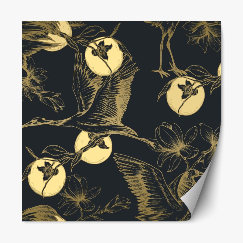 Repositionierbarer Aufkleber goldene kraniche und mondmuster