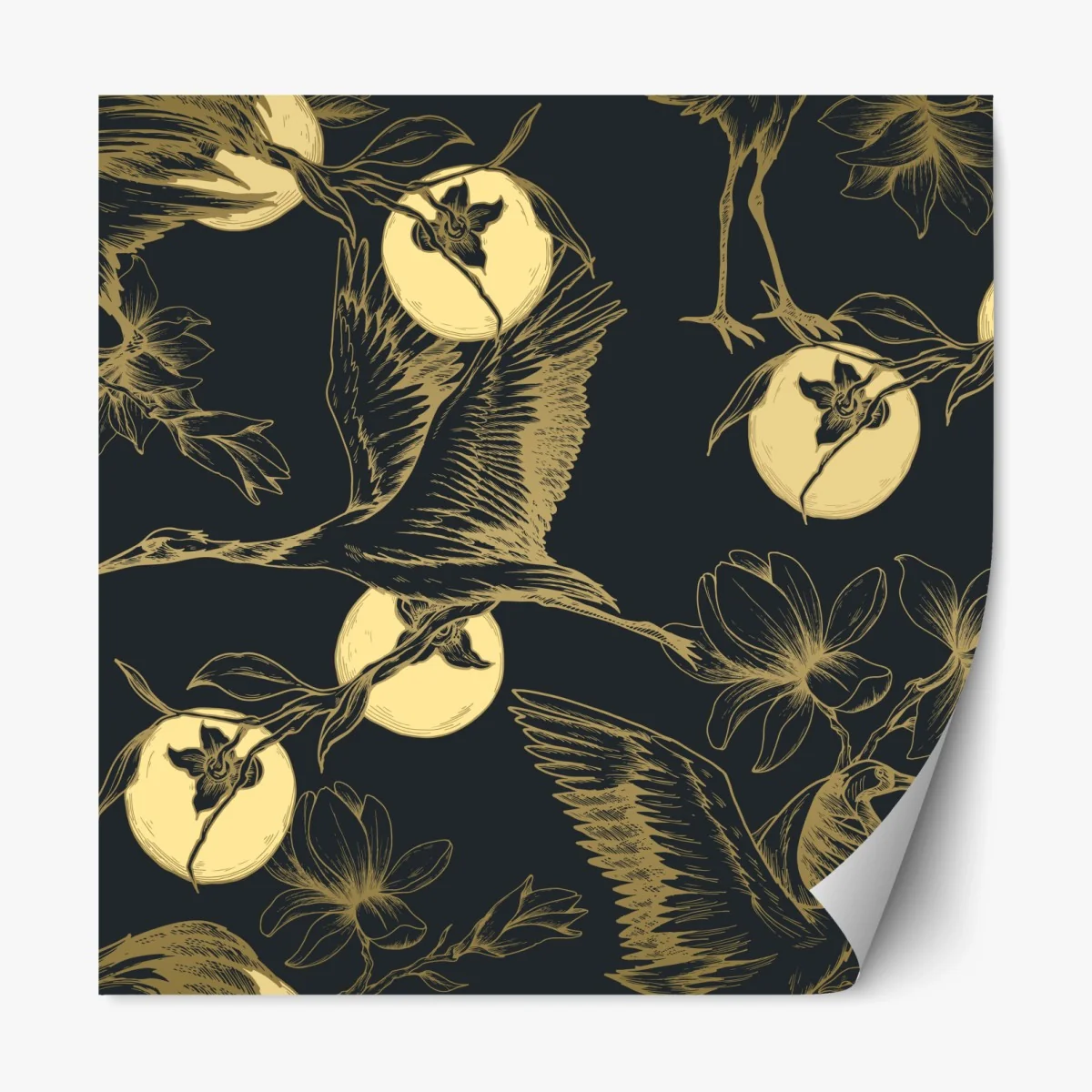 Repositionierbarer Aufkleber goldene kraniche und mondmuster – Wallnifity® Repositionierbarer Aufkleber goldene kraniche und mondmuster – Wallnifity®