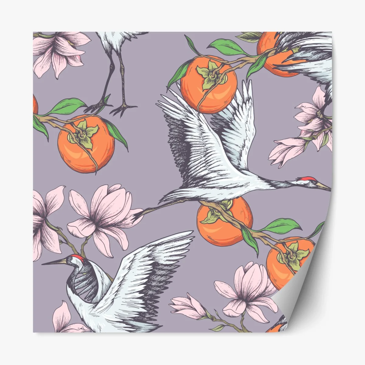 Repositionierbarer Aufkleber anmutige kraniche und kakis mit magnolien – Wallnifity®