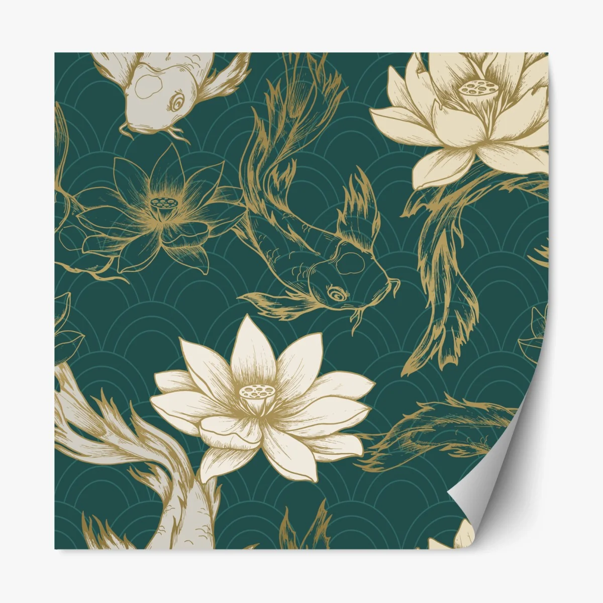 Repositionierbarer Aufkleber orientalisches koi- und lotosmuster in türkis und gold – Wallnifity® Repositionierbarer Aufkleber orientalisches koi- und lotosmuster in türkis und gold – Wallnifity®