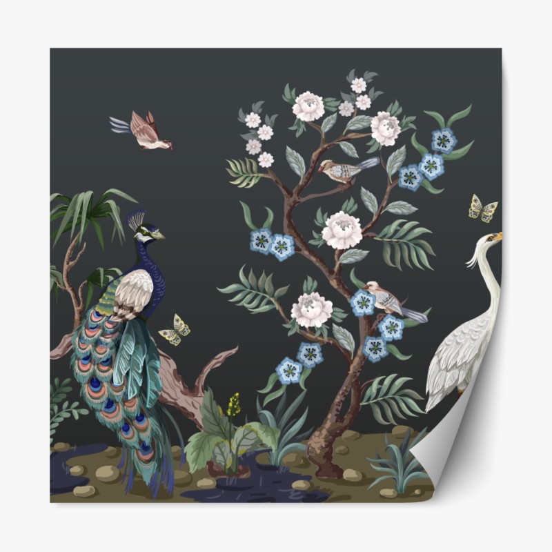 Repositionierbarer Aufkleber pfau und reiher im blumenmuster